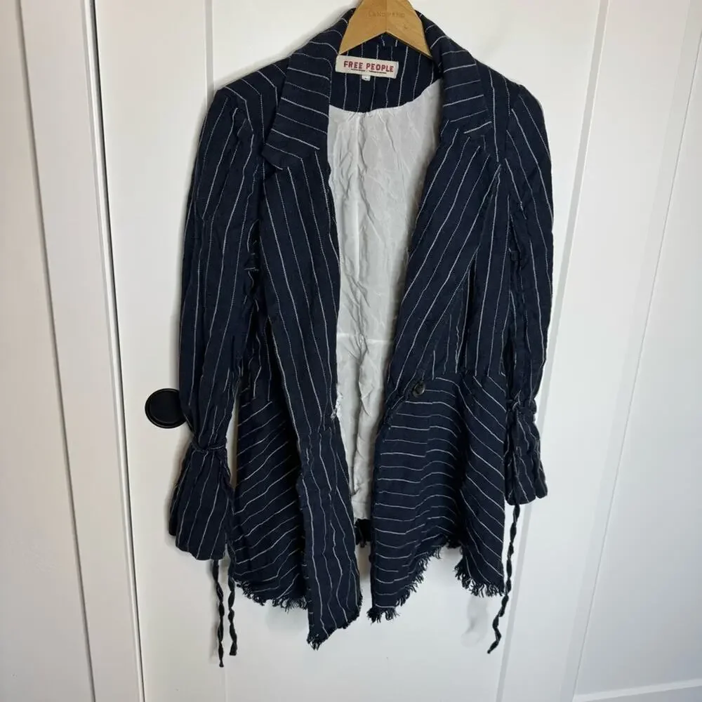Free People Stella Navy Blue Striped Linen Blazer Jacket Size Medium